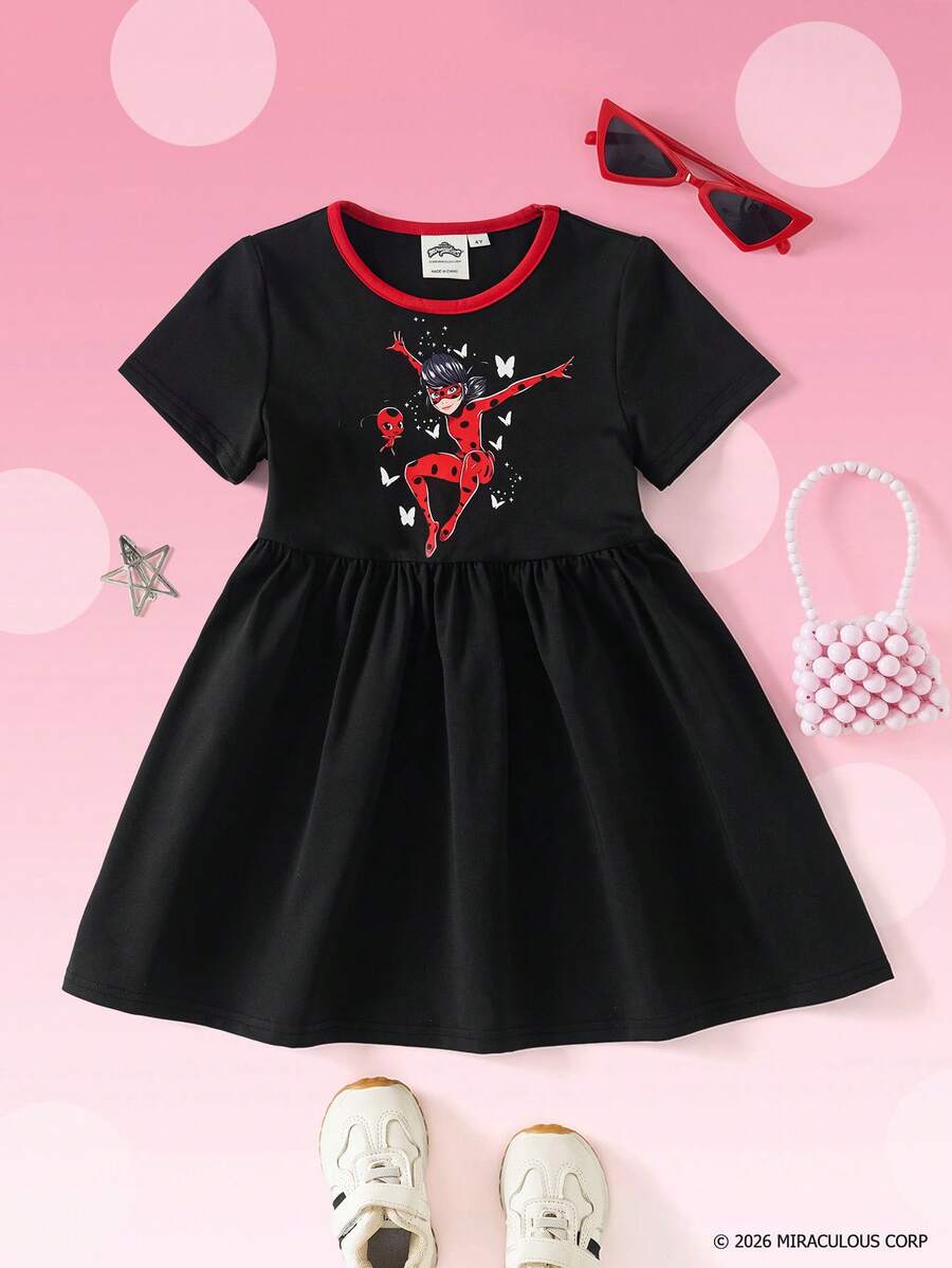 Miraculous Ladybug X SHEIN 少女極簡印花圓領短袖洋裝 - 黑色 - 查看 1