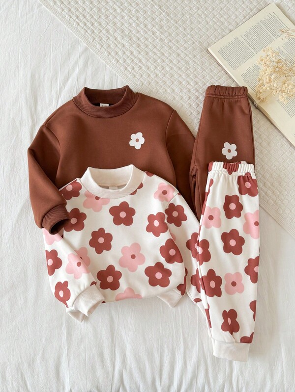 SHEIN 4PCS Baby Girls Infant Toddler Cute Flower Print Long Sleeve Crew Neck Soft Thick Sweatshirt Pants Set Outfit Back To School Fall Winter