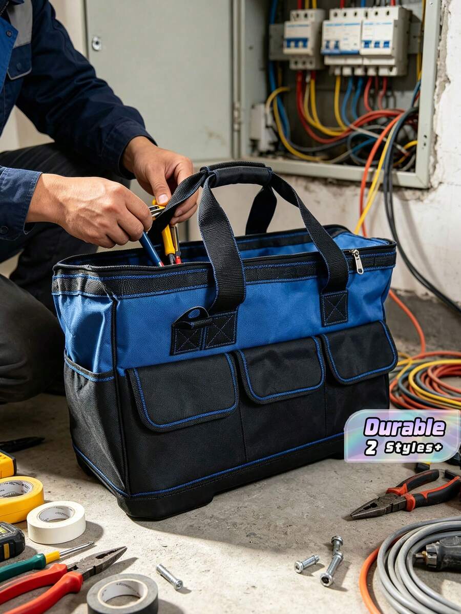 1pc Tool Kit Thickened Canvas Manual Tools Multi-Functional Electrician Air Conditioner Repair Large Portable Tool Bag, Featuring Durable Thickened Canvas, Suitable For Electrician And Air Conditioner Repair Tool Kits, With A Shoulder Strap - Multicolor - View 1