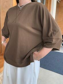 Dazy Plus Solid Color Loose Casual Front Short Back Long Hem Split Design Pullover 3/4 Sleeve T-Shirt For Spring Summer Autumn - Brown - View 4