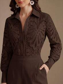 Anewsta Elegant And Sophisticated Women's 2 Pieces Set With Water-Soluble Lace Patchwork Design, Suitable For Commuting, Dating, Afternoon Tea And Light Social Occasions - Coffee Brown - View 4