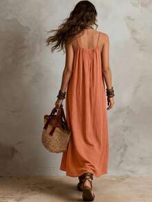 Solivie Women's Solid Color Pleated Casual Tropical Daily Summer Long Spaghetti Strap Dress Vacation Burnt Orange - Rust Brown - View 2