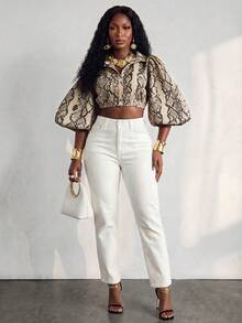 BamGlimmer Women's Fashion Commute Snake Skin Print Lantern Sleeve Cropped Blouse - Multicolor - View 4