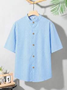 SHEIN 儿童/青少年男童纯色单排扣短袖条纹领休闲衬衫，舒适时尚，适合夏季日常穿着、上学、旅行和海滩度假。 - 藍色 - 查看 3