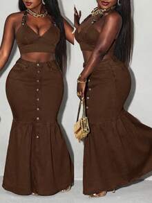 Slaydiva Plus Size Front Button Fishtail Extra Long Denim Skirt - Mocha Brown - View 1