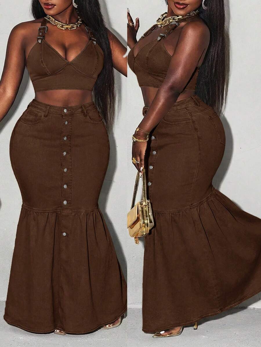 Slaydiva Plus Size Front Button Fishtail Extra Long Denim Skirt - Mocha Brown - View 1
