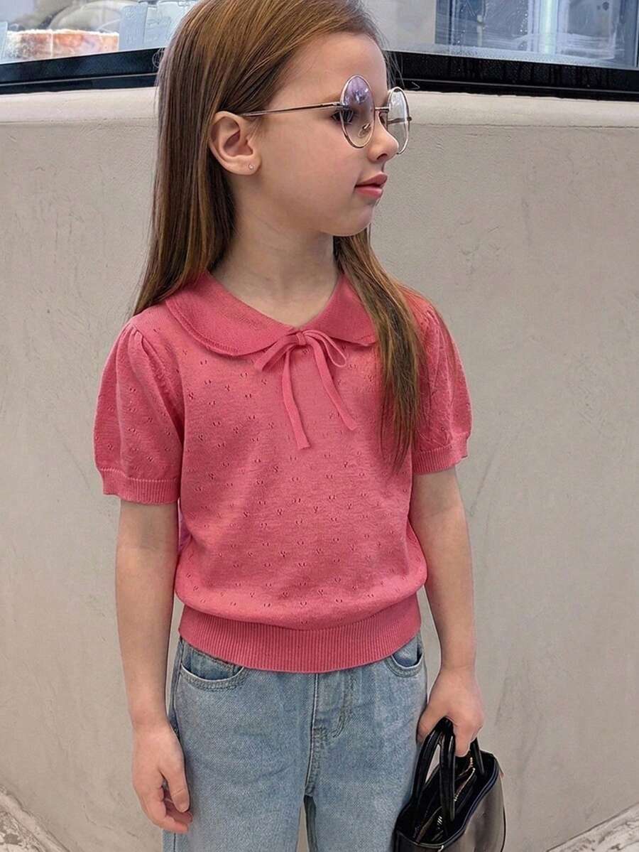 Dazy Kids 女童荷叶边领短袖毛衣 - 玫瑰紅 - 查看 1