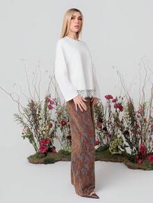 PRISCILA ESCOTO PRISCILA ESCOTO 2026 SS Spitze Patchwork T-Shirt, Damen Casual Urlaubs Party Tops, elegante leichte Strickbluse, Rundhalsausschnitt, Weiß, minimalistisches Design, geeignet für Büro, Lässig, Urlaub, Party - Weiss - Übersicht 6
