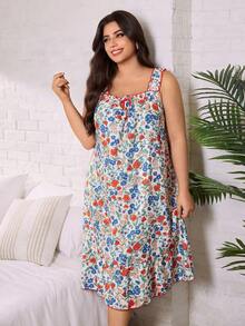 Serenescape Plus Size Pastoral Floral Ruffle Trim Sleeveless Nightgown, Romantic Sweet Home Dress - Multicolor - View 3