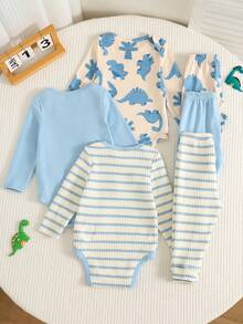 Unisex Newborn Baby Boy/Girl, 3sets Autumn/Winter Casual Cute Dinosaur Pattern Blue Tone Romper Set, Baby Winter Clothes/Bodysuit Set, Halloween Pcs - Blue - View 2