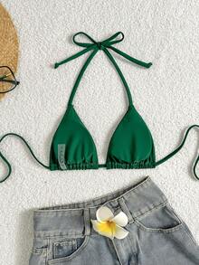 SHEIN Swim Summer Beach Halter Micro Triangle Bikini Top - Green - View 3