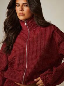 MISSGUIDED Bộ phối áo khoác lửng dệt vân waffle kéo khóa toàn thân và quần ống rộng cho mùa thu đông - Màu Đỏ Sâu - Xem 7