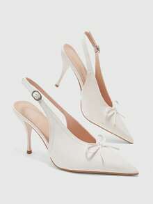 CUCCOO BIZCHIC Women's White Patent Leather Slingback Heels, Pointed Toe With Bow & Adjustable Buckle Stiletto Pumps Fall Shoes - Beige - View 2