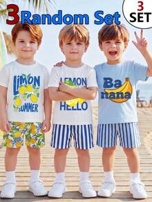 3 Random Set,Letter Print Crew Neck Short Sleeve Top And Matching Print Shorts Outfit Set For Outdoor Activities,School Clothes - Multicolor - View 4