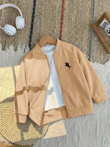 SHEIN 兒童小男孩休閒日常印花夾克，適合秋冬穿著 - 卡其色 - 查看 4