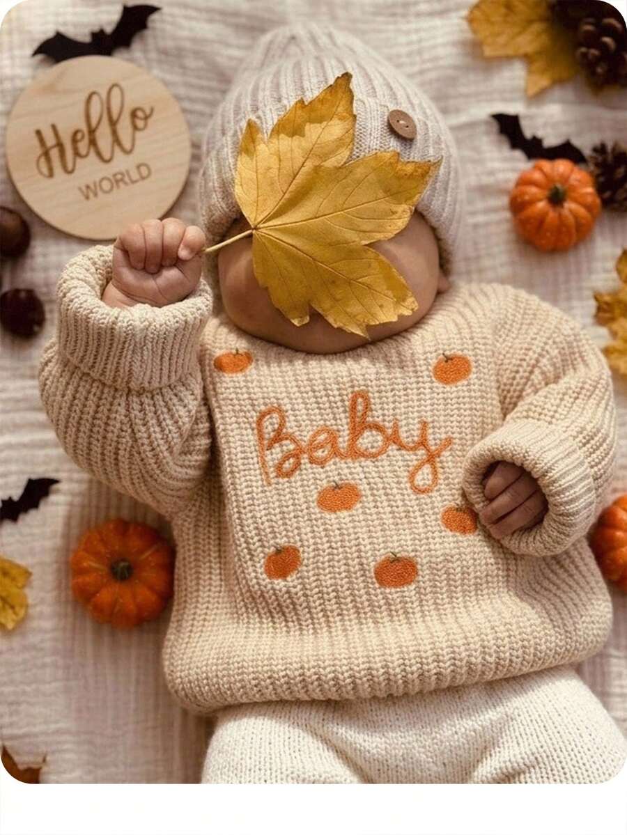 Kids Newborn Letter Pumpkin Embroidered Autumn Winter Sweater Halloween Sweater Featuring A Cute Pumpkin Pattern; A Sweater Perfect For And An Ideal - Apricot - View 1