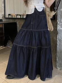 DAZY Women's Long Vacation Style Washed Denim Skirt Cute Tops - Dark Wash - View 4