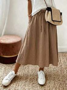 EMERY ROSE Plus Size Women's Waist Tie Linen Khaki Skirt Fall - Multicolor - View 1