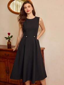 Vintamour Women's Summer Elegant Commute Solid Color Sleeveless Midi Dress - Black - View 7