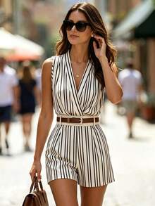 Balvessa Women's Khaki Striped Patchwork Casual Romper, Pocket Design, Suitable For Women's Vacation, Casual Jumpsuit, Daily Jumpsuit, Commuter Jumpsuit - Black - View 7