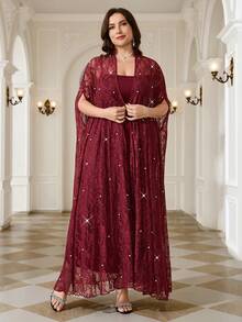 Reflora Conjunto de 2 piezas de vestido bata largo de encaje transparente con decoración de cuentas para tallas grandes - Rojo - Ver 4
