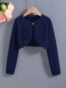 SHEIN Elladie kids 青少年女孩純色休閒百搭日常穿搭開襟衫 - 藏蓝色 - 查看 1