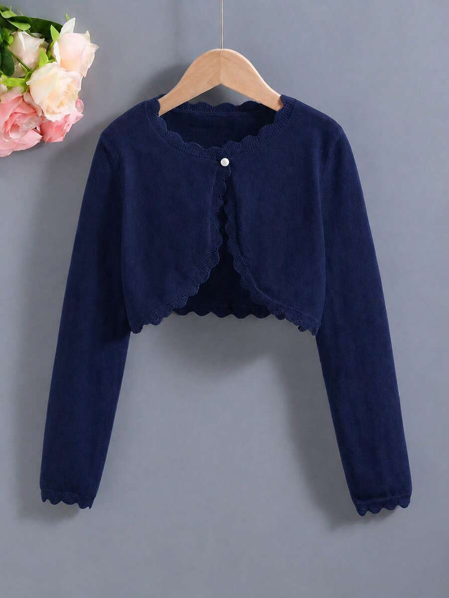 SHEIN Elladie kids 青少年女孩純色休閒百搭日常穿搭開襟衫 - 藏蓝色 - 查看 1