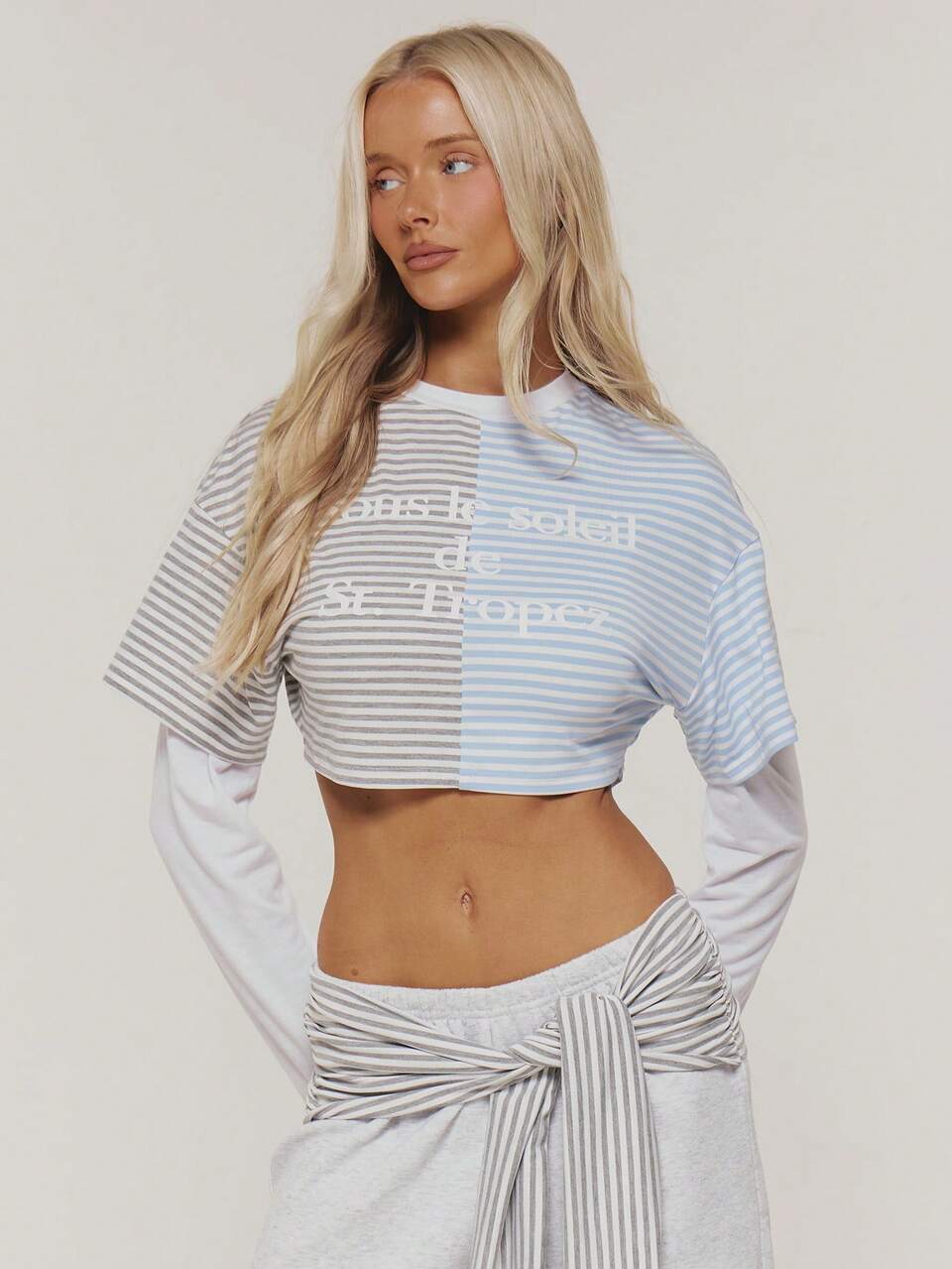 Contrast Colour Striped Graphic Logo Long Sleeve Top Winter Casual Day Outfit Cool  White Womens Top