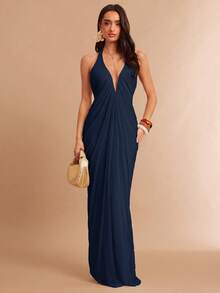 Silquee Women's Mesh Loose Elegant Sexy Party Dinner Wedding Dress Navy Blue Summer - Navy Blue - View 3