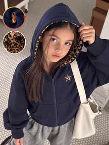 (Tween Girl) 休閒街頭風豹紋毛絨帽，五角星印花雙層拉鍊外套附口袋，寬鬆版型，適合日常穿著與開學季 - 藏蓝色 - 查看 4