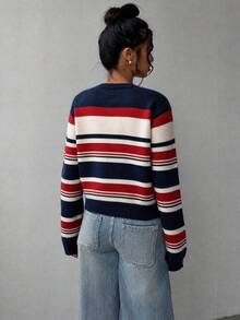 SHEIN BASICS 女款休閒沿海東岸風針織開襟衫，秋冬服飾，海軍藍與白色針織開襟衫旅行款 - 彩色 - 查看 3