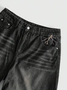 ROMWE MEN 男士刺繡圖案寬鬆牛仔短褲 - 黑色 - 查看 4