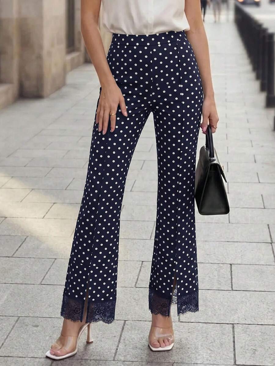 Editum Women's Blue Polka Dot Pattern Contrast Lace Elegant French Flare Pants Party Brunch Office Autumn - Navy Blue - View 1