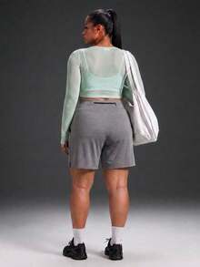 Powerista Women's Plus Size Floral Grey Fitted Zipper Pocket Sports Shorts For Gym Running Indoor Outdoor Apparel Breathable Lightweight Quick-Dry - Grey - View 3