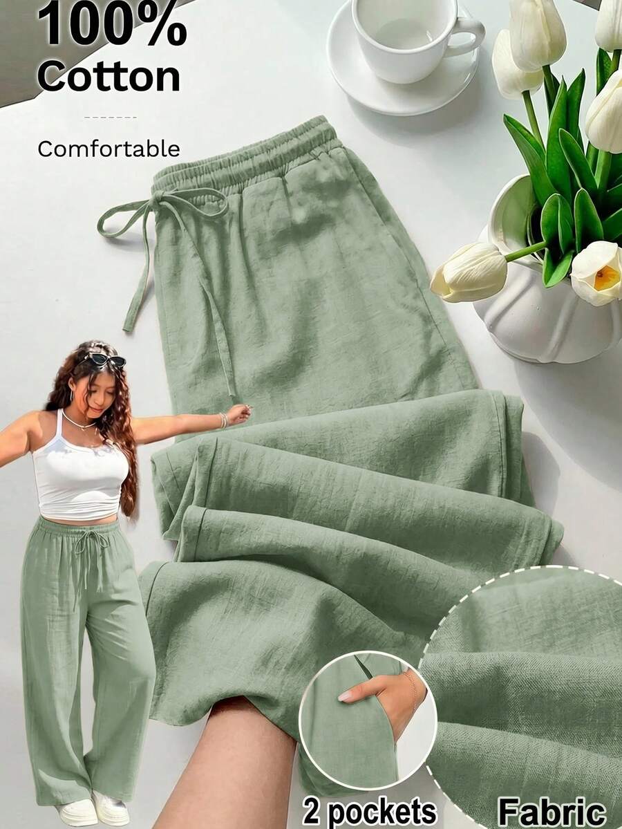 GalTyme Plus Size Women's Solid Color Drawstring Waist Casual Versatile Daily Wear Long Pants Fall - Green - View 1