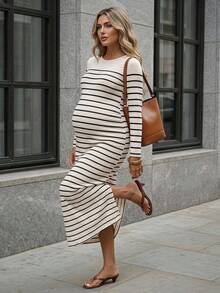 SHEIN فستان كاجوال مخطط برقبة دائرية وأكمام طويلة بقصة ضيقة للحوامل - كاكي - مشاهدة 2
