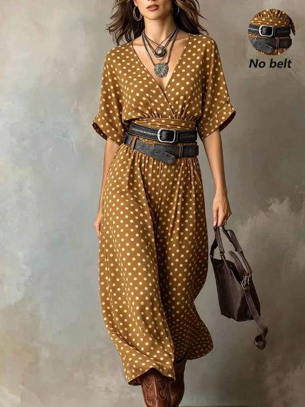SHEIN New Spring/Summer Brown One-Piece Jumpsuit With White Polka Dot Short Sleeves For Women