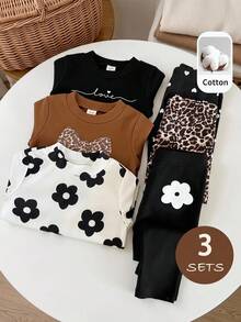 LMoss Kids 6-delat set för babyflicka med stickad hjärt-leopardmönstrad blom-T-shirt med rund hals och långbyxor - Multifärgad - Visa 1