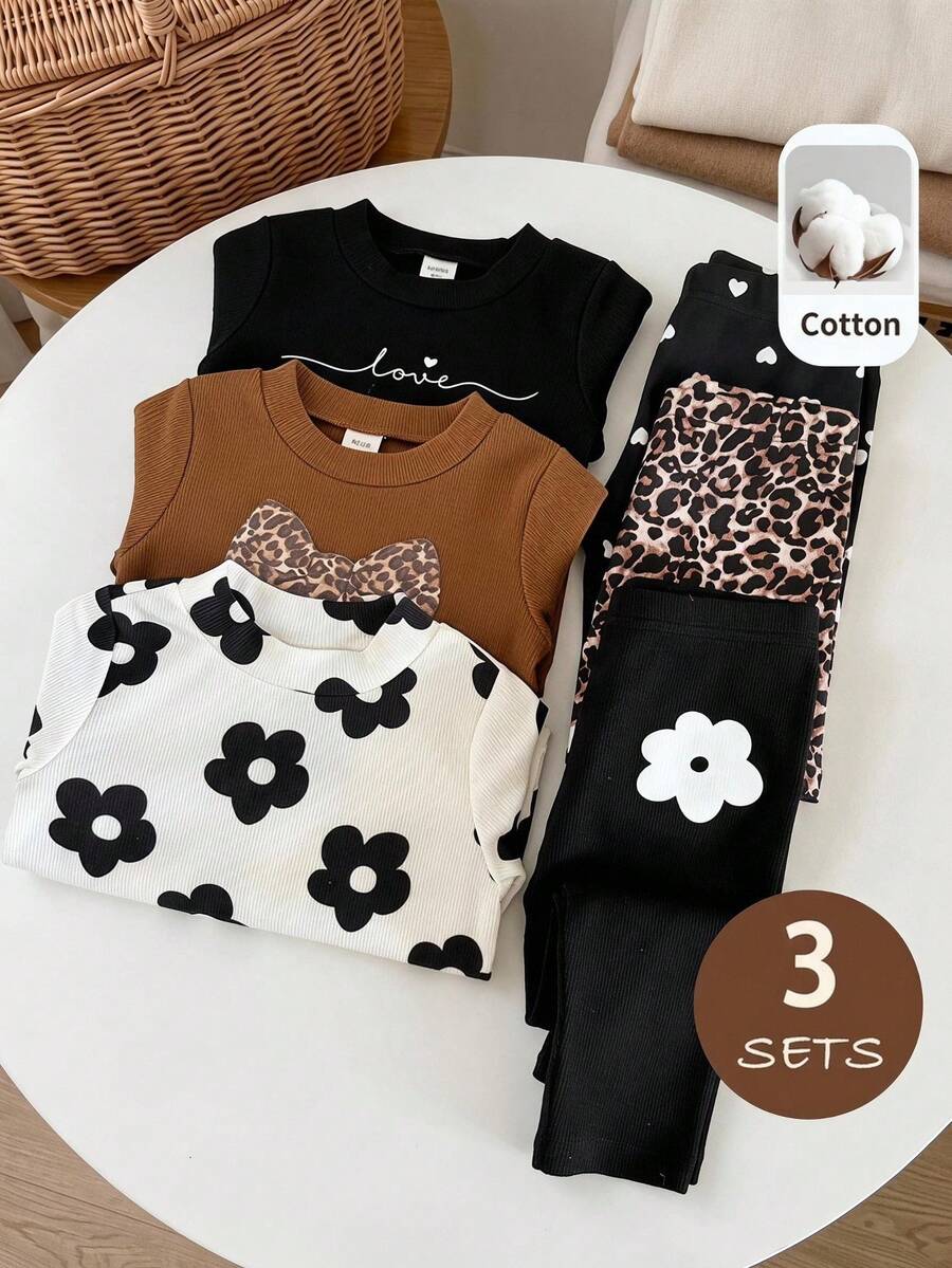 LMoss Kids 6-delat set för babyflicka med stickad hjärt-leopardmönstrad blom-T-shirt med rund hals och långbyxor - Multifärgad - Visa 1