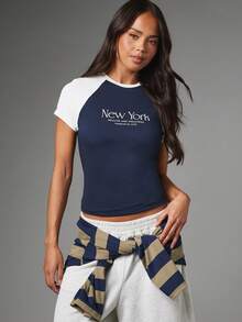 MISSGUIDED New York Health And Wellness Chest Print Crop Raglan T-Shirt Crew Neck Short Sleeve Color Block Slim Fit Tee Summer Essential - Royal Blue - View 2
