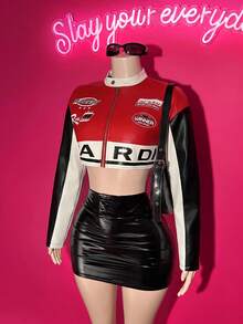 Slaydiva Women Red Black White PU Cropped Racing  Jacket Racing Badge Letter Print Zip‑Up Faux Leather Biker Coat Y2K Halloween Christmas Street Party - Red - View 5