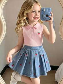 Genkimix Kids 女童櫻桃刺繡無袖 Polo 上衣與牛仔裙 2 件套，夏季新品，可愛休閒甜美風，柔軟親膚螺紋上衣 + 淺藍水洗櫻桃刺繡牛仔裙，彈性高腰 A 字版型，夏季穿搭，度假風，海灘週末 - 粉色 - 查看 2