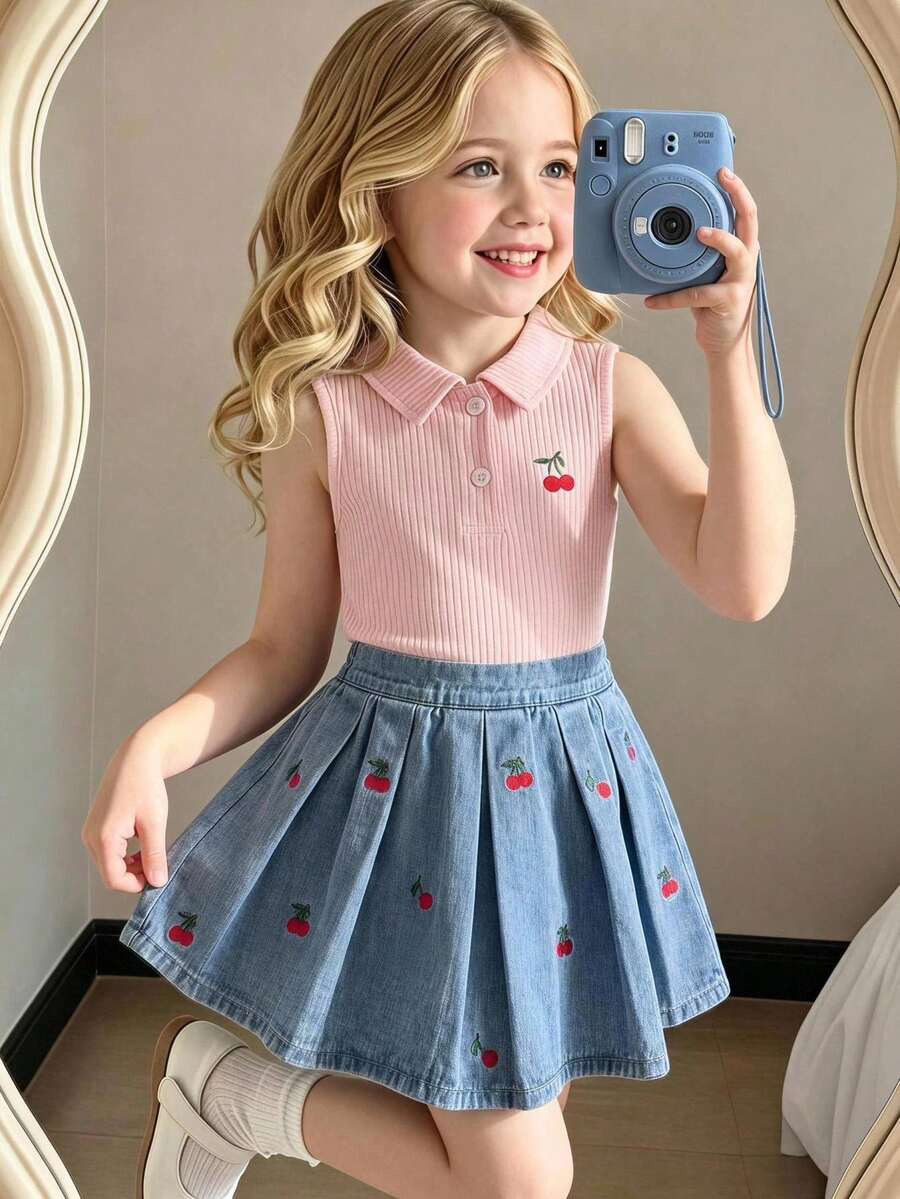 Genkimix Kids 女童櫻桃刺繡無袖 Polo 上衣與牛仔裙 2 件套，夏季新品，可愛休閒甜美風，柔軟親膚螺紋上衣 + 淺藍水洗櫻桃刺繡牛仔裙，彈性高腰 A 字版型，夏季穿搭，度假風，海灘週末