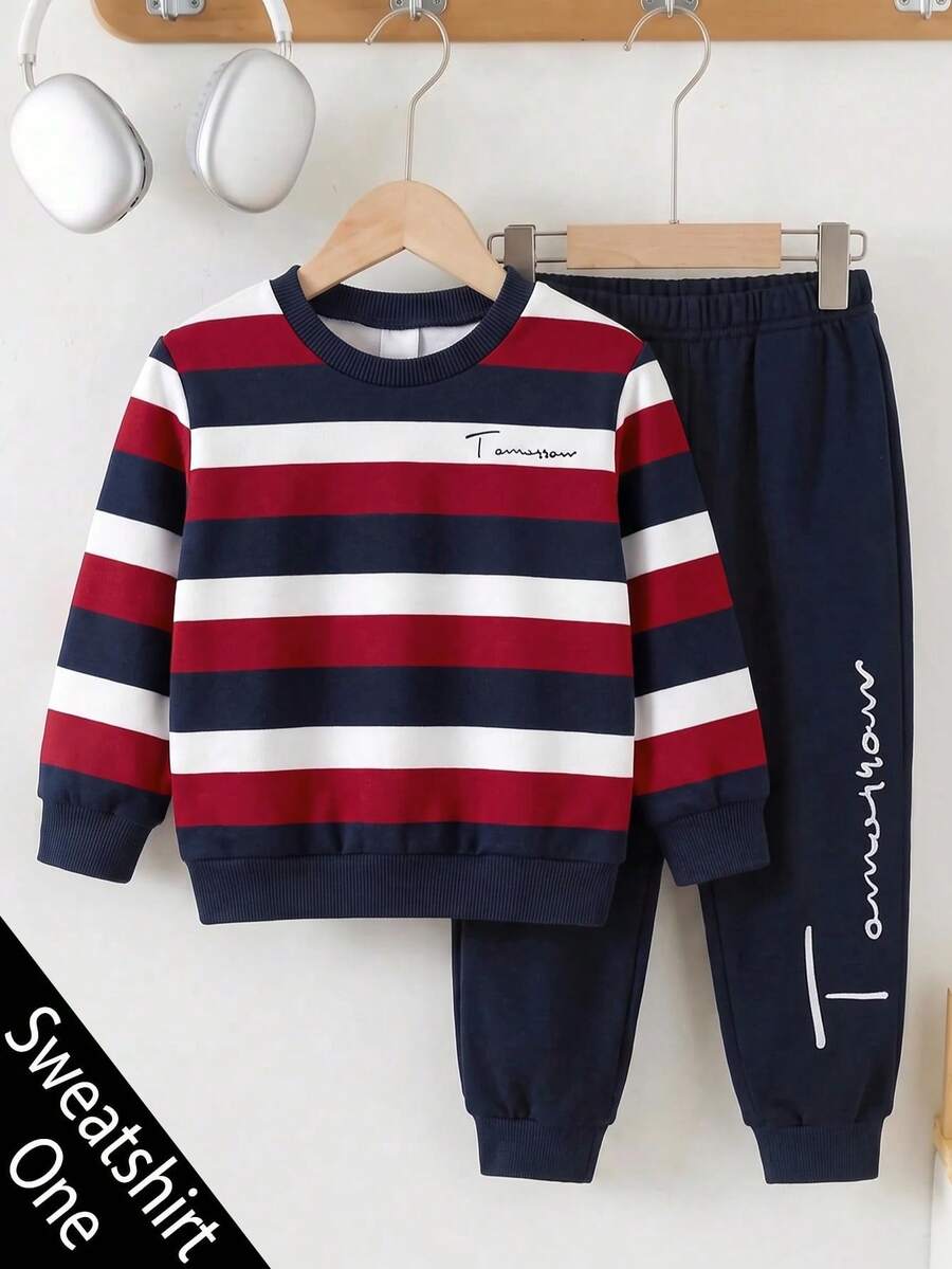 Young Boy Long Sleeve Crew Neck Sweatshirt, Classic Retro Striped Pattern Print, Classic Cool Curved Text Pattern Print, Suitable For Autumn/Winter, Suitable For Back To School Season - Multicolor - View 1