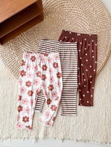 SHEIN Playful Pals 3件組幼童女童內搭褲褲子 可愛棕色粉色白色花朵條紋荷葉邊 常規款 生日派對 秋季 公主風 甜美舒適 芭蕾復古風 - 彩色 - 查看 1