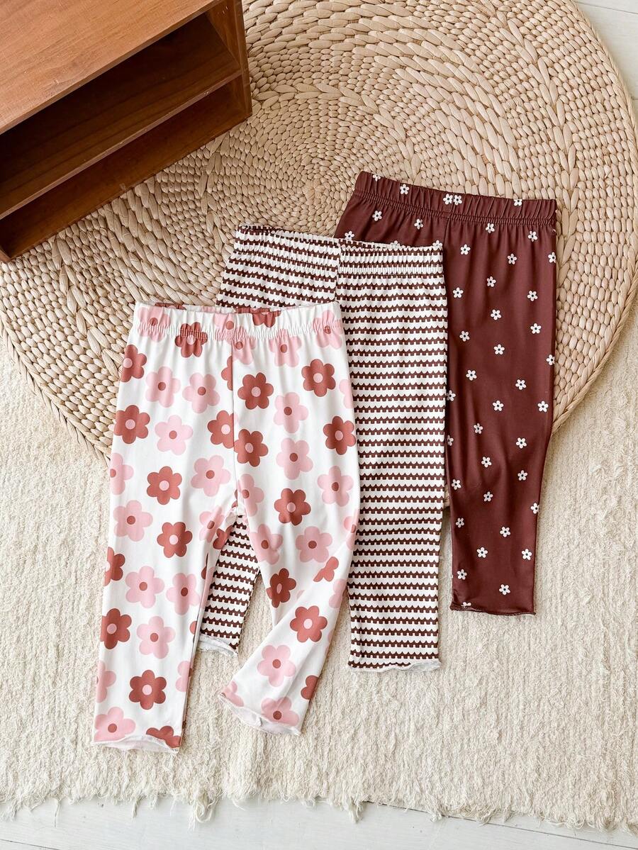 SHEIN Playful Pals 3件組幼童女童內搭褲褲子 可愛棕色粉色白色花朵條紋荷葉邊 常規款 生日派對 秋季 公主風 甜美舒適 芭蕾復古風 - 彩色 - 查看 1