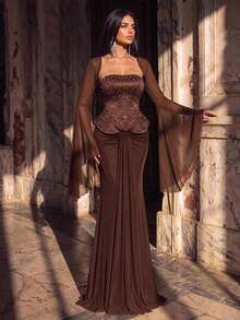 Glamrae Elegant Luxurious Glossy Satin Strapless Fishtail Maxi Dress Rhinestone Embellishments Handmade Beading Novel Design High Wedding Brown Winter - Coffee Brown - View 5