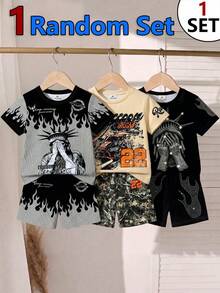 1 Random Set, Street Fashion Cool Character Graphic English Print T-Shirt With Matching Print Shorts Set - Multicolor - View 4