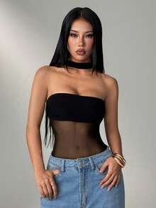 SHEIN PETITE 女款網紗拼接掛脖性感透視約會外出連身衣，適合嬌小女性 - 黑色 - 查看 8