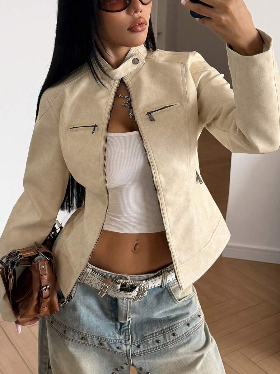 SHEIN HypeZone Women's Solid Color Zipper Casual Versatile Daily Long Sleeve Jacket - Beige - View 1